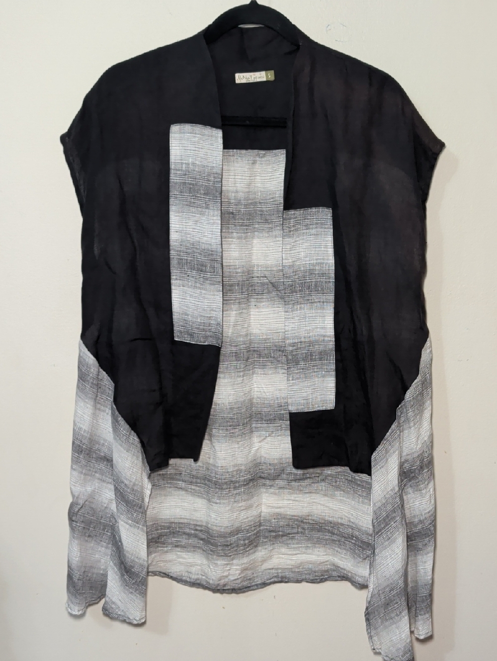 Chalet et Ceci 100% Linen Layered Open Cardigan Black Gray White Women's Size S